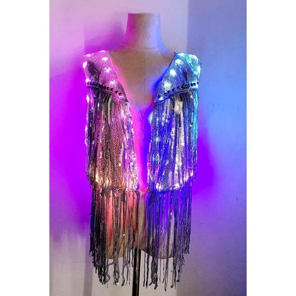 Womens LED Light Up Sequin Fringe Vest Sparkly Silver Disco Party Jacket Top - Picture 7 of 9